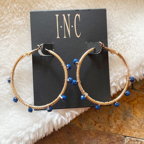 INC Beaded Hoop Earrings Gold Tone Bright Blue Beads New - Picture 2 of 6